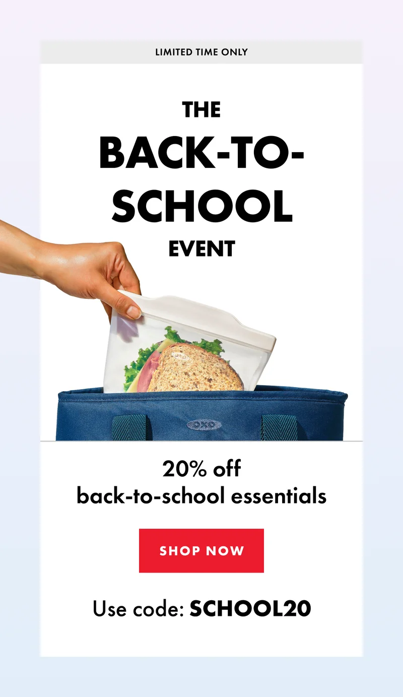 Don't miss out. 20 percent off back to school essentials. Shop now.