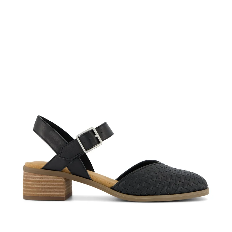 Image of Womens Jaclyn Heel Black Woven Basket Faux Leather