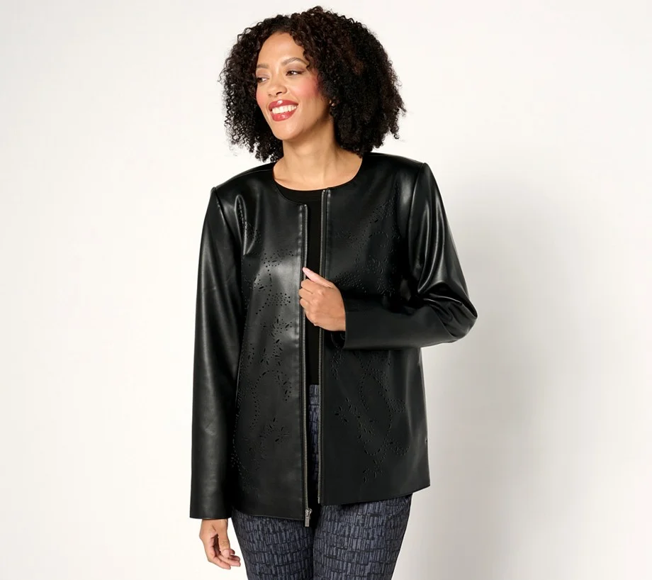 Susan Graver Petite Faux Leather Jacket with Laser Cut Detail