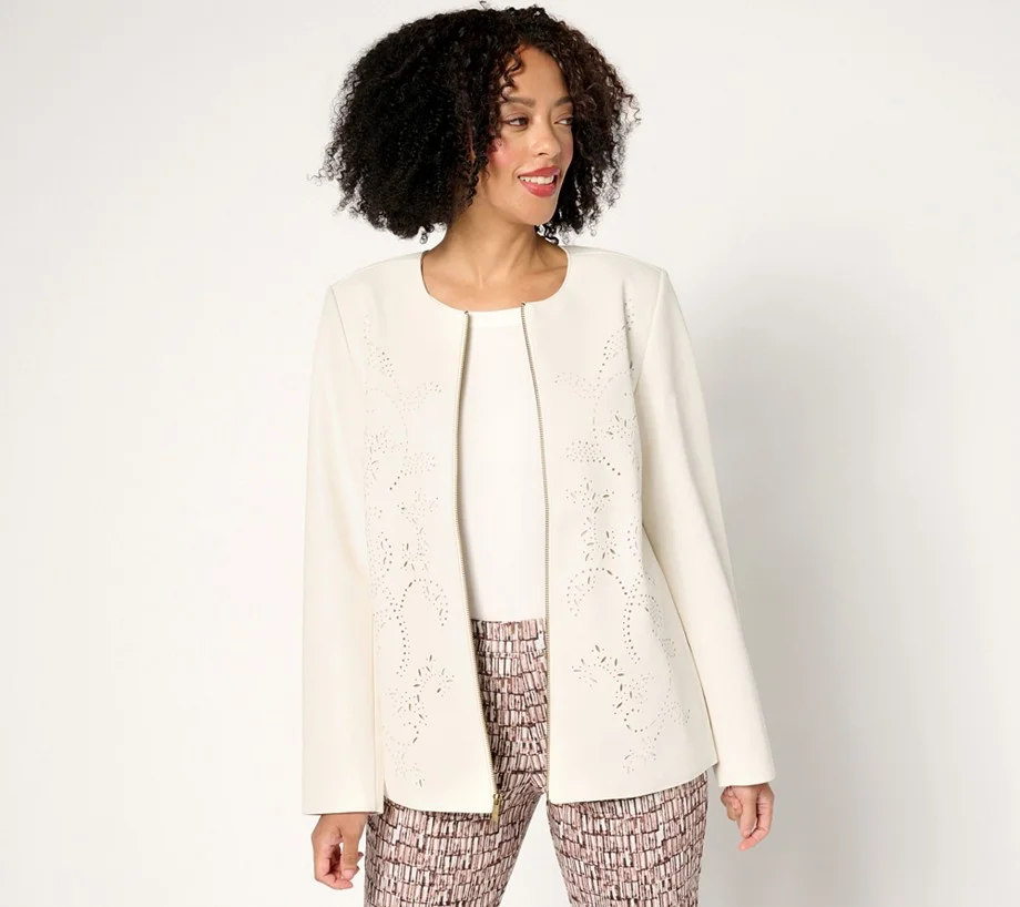 Susan Graver Regular Faux Leather Jacket with Laser Cut Detail