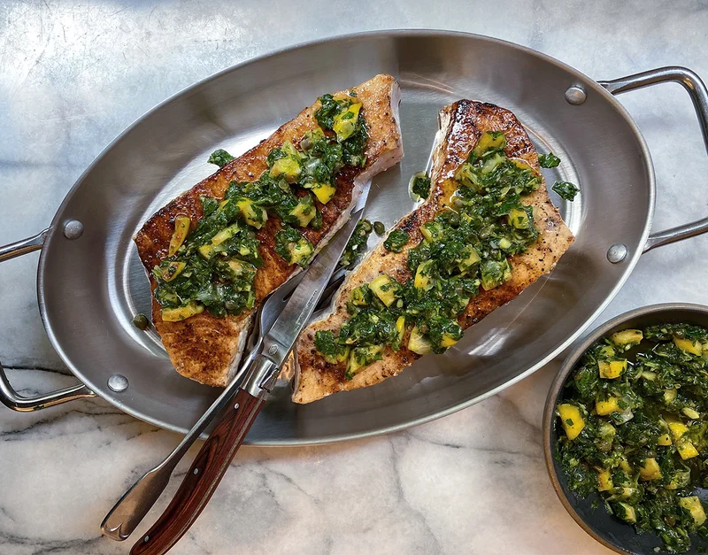 Swordfish with Charred Lemon Salsa Verde