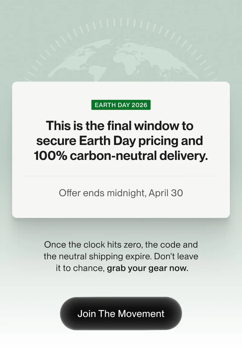 Earth Day 2026 final call message highlighting carbon-neutral delivery and last-chance savings.