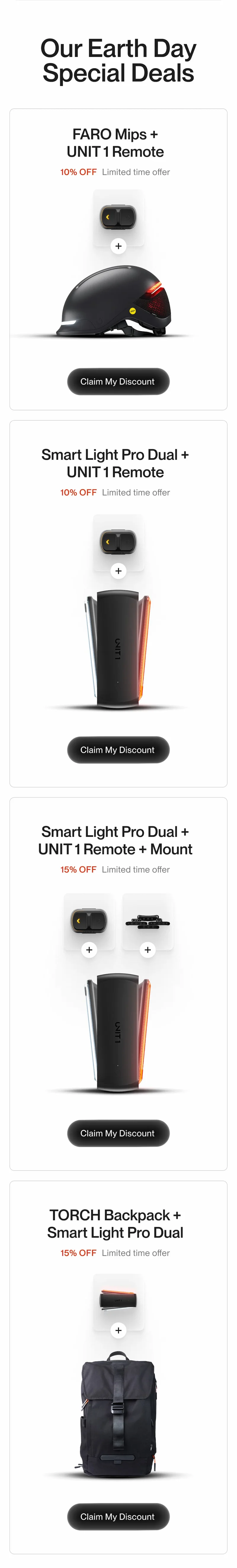 Earth Day special deals featuring discounted UNIT 1 helmet, light, remote, mount, and TORCH bundles.