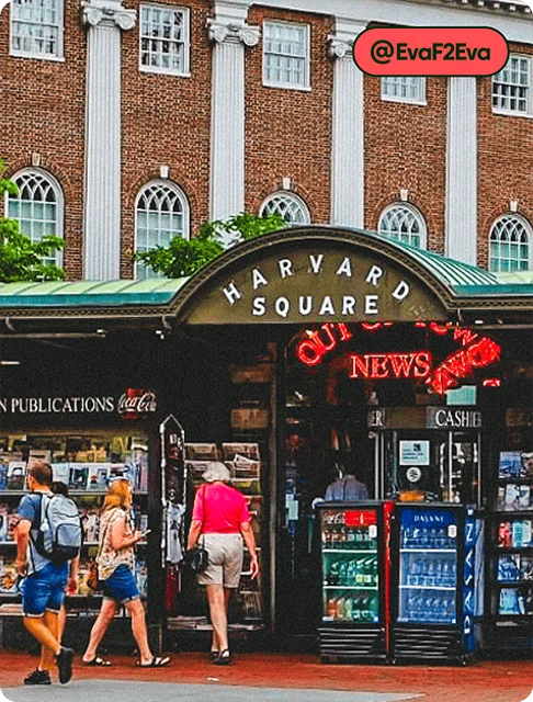 Image description: Two travelers enter a news shop at Harvard Square.