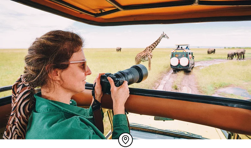 Image Description: A person in a jeep holding a camera with giraffes and elephants in the background.