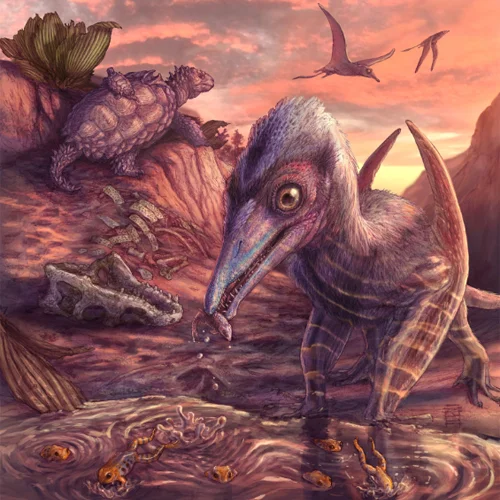An artist’s reconstruction of the fossilized landscape, plants and animals found preserved in a remote bonebed in Petrified Forest National Park in Arizona.