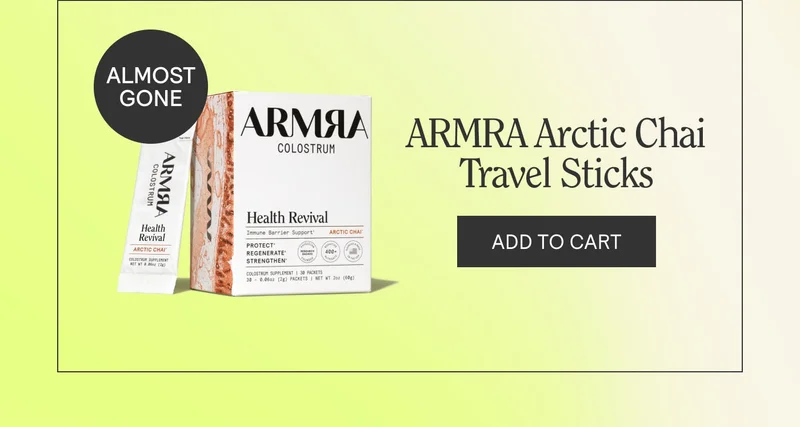 ARMRA Arctic Chai colostrum sticks and box.