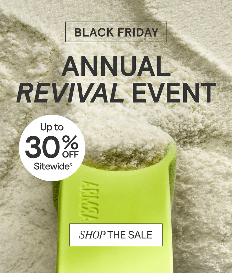 Black Friday Annual Revival Event. Up to 30% off Sitewide. Shop the Sale. Image shows a scoop of ARMRA Colostrum Powder.