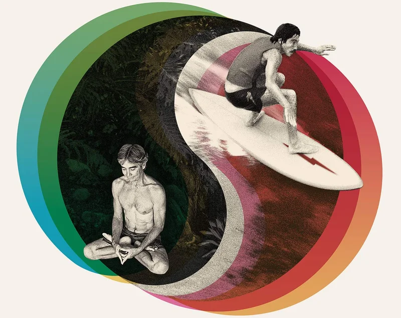 Graphic of Gerry Lopez surfing and meditating on a Yin-Yang symbol.