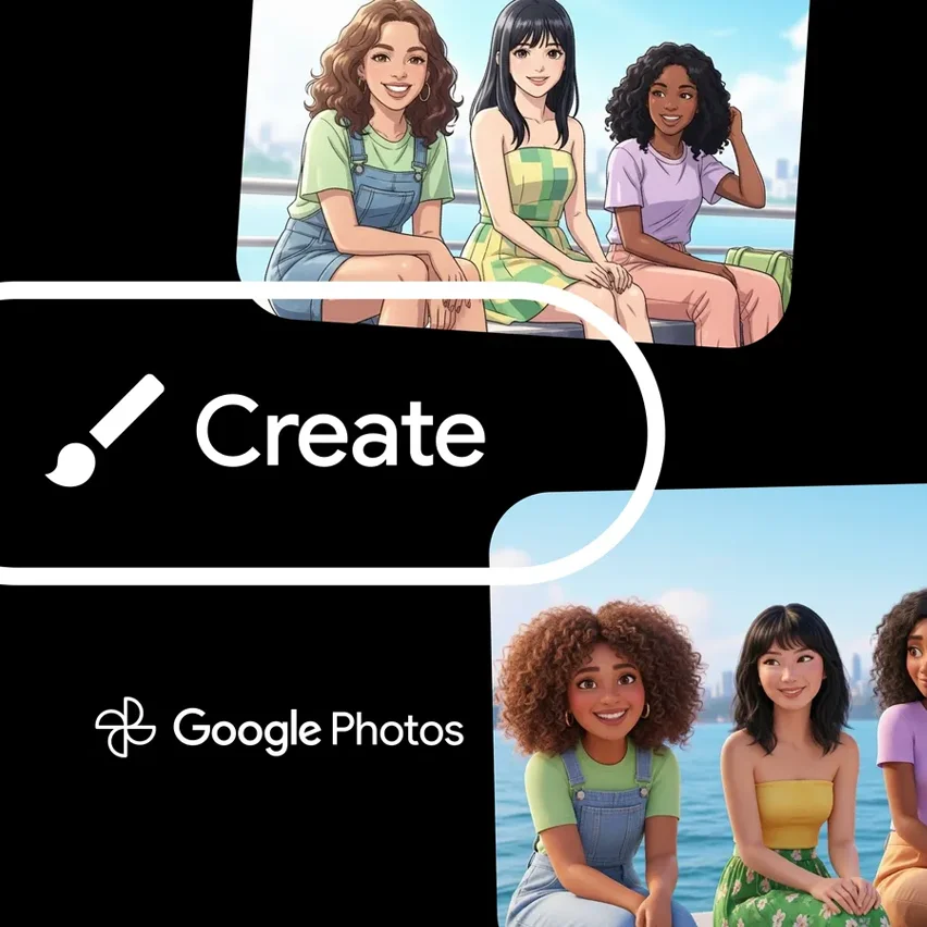 Illustration above photo of three smiling women, with 'Create' button and paintbrush icon.