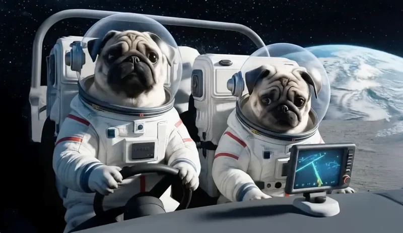 Two pugs in white astronaut suits pilot a space rover on a lunar surface, with Earth visible in the background. One pug steers while the other views a navigational screen.