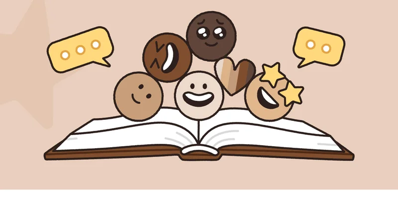 A book covered in different emojis making a variety of smiling faces.