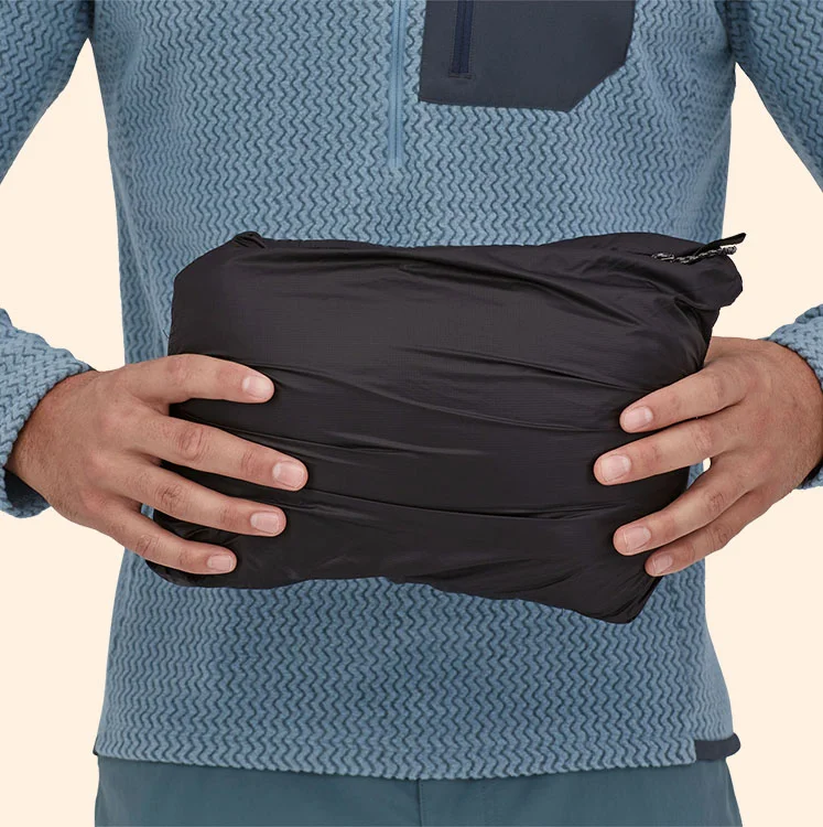 Self-stuffs into left-front pocket