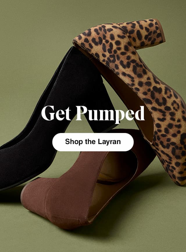 A green background with a close-up of the front of the Layran Pump in Taupe leopard print suede. The email says Wildly Stylish Colors  Shop Now