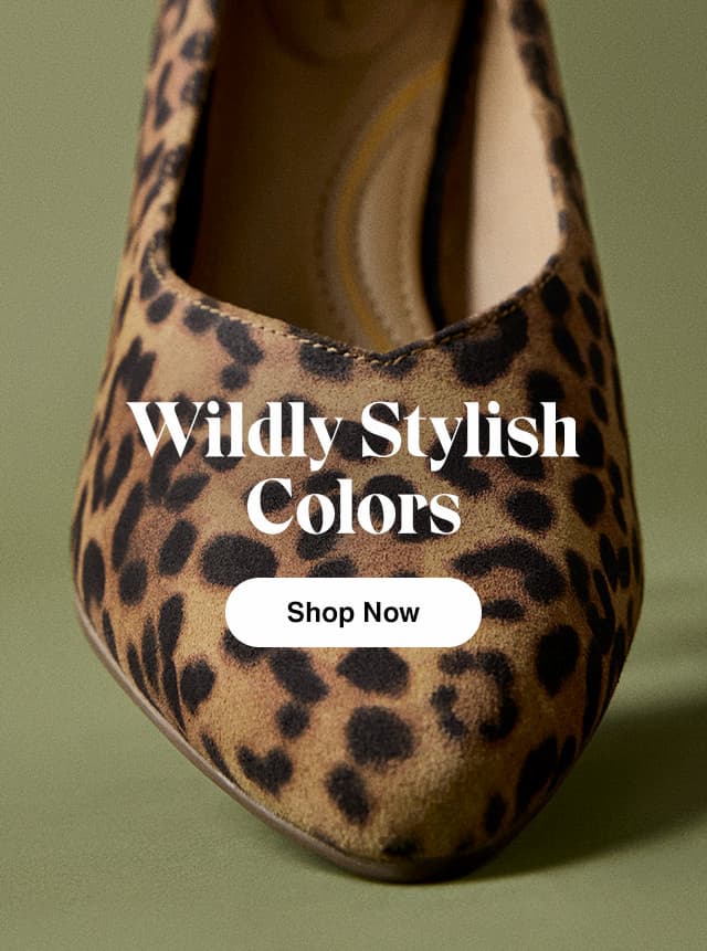 A green background with a close-up of the front of the Layran Pump in Taupe leopard print suede. The email says Wildly Stylish Colors  Shop Now
