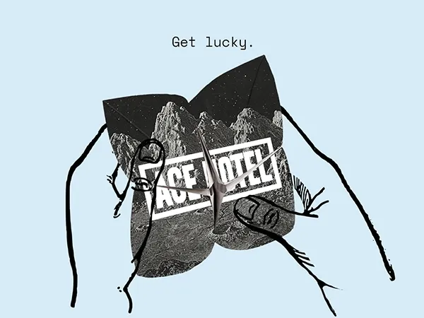 Animated GIF: Hand-drawn hands interact with a paper fortune teller on a light blue background. Scenes include the hands opening the fortune teller to reveal the 'Ace Hotel' logo with a lunar landscape backdrop and 'Get lucky.' text, then the paper closing with colored dots, and finally, a special 'up to 50% off at Ace Shop' offer.