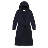 A plush, navy blue hooded robe gently rotating to display different colors and styles, available at the Ace Hotel Shop.
