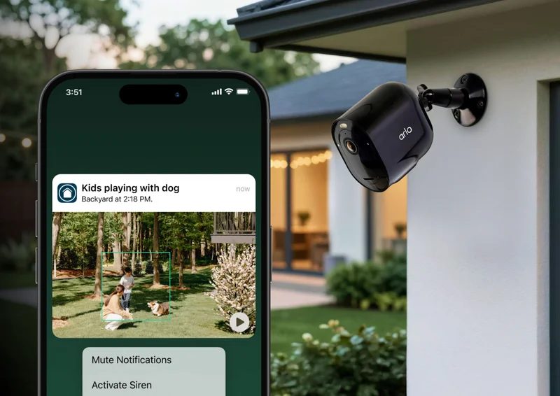 Arlo security camera mounted on the exterior of a home. Phone with simulated screen image depicts an Arlo Secure notification that reads: Kids playing with dog.
