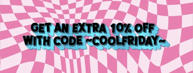 Get an extra 10% off with code 'COOLFRIDAY' [bouncing 3D blue and black text on a pink swirl checkered background]