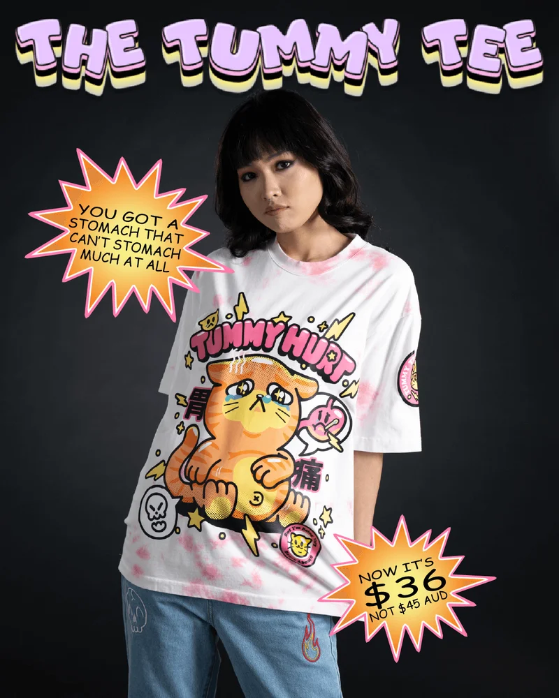 The Tummy Tee. You got a stomach that can't stomach much at all. Now it's $36 instead of $45 AUD. [Image of young woman posing wearing the Tummy Tee in front of a black background]