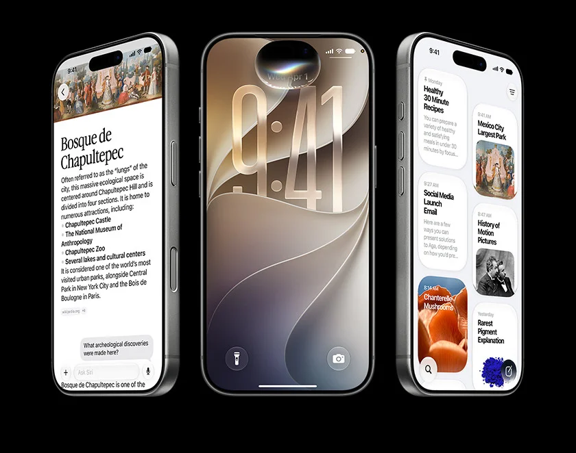 iPhone 17 Pro shown at three angles with Siri AI content onscreen