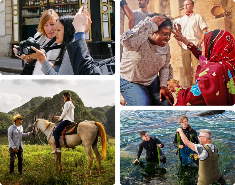 A collage of four images. The first image is of a woman showing her camera screen to the woman next to her on a city street. In the second image, a woman in a colorful headscarf paints a line with her finger on another woman’s forehead. In the third image, a woman sits on top of a horse near a mountain while a smiling man stands next to them. In the fourth image, a man in rubber overalls pulls seaweed from shallow ocean waves. A woman and a man in wetsuits do the same, smiling.