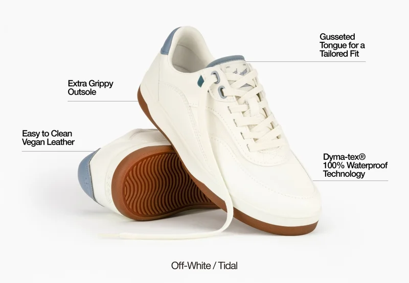 Easy to Clean Vegan Leather. Extra Grippy Outsole. Gusseted Tongue for a Tailored Fit. Dyma-tex(R) 100% Waterproof Technology. Off-White/Tidal