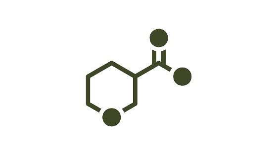 A circle of oil behind a niacinamide molecule icon.