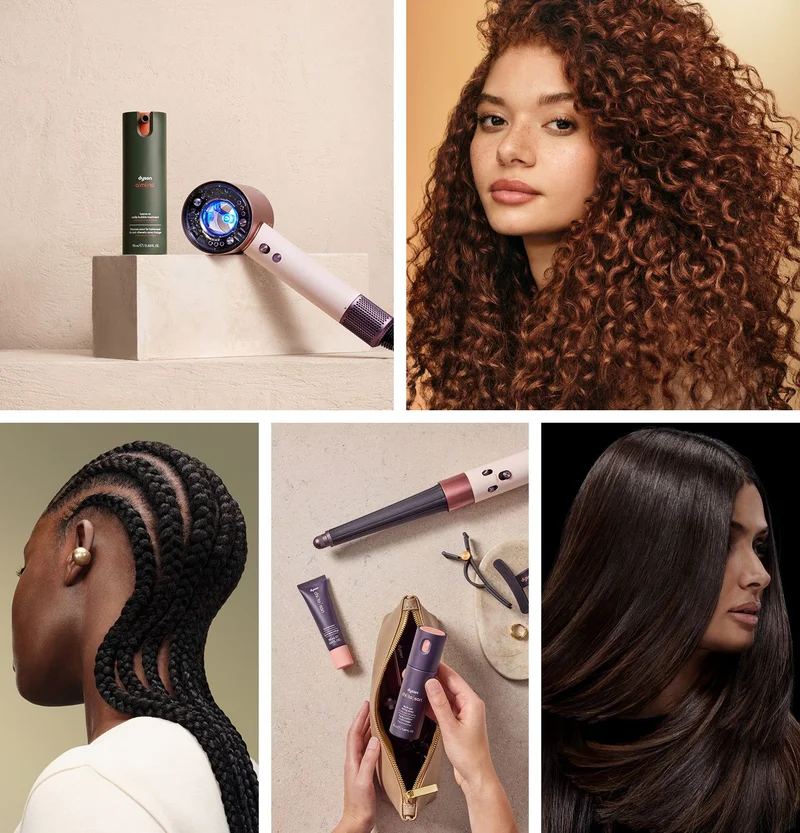 Dyson Amino leave-in scalp bubble treatment with other Dyson products and devices, a model with nourished hair, and barley.
