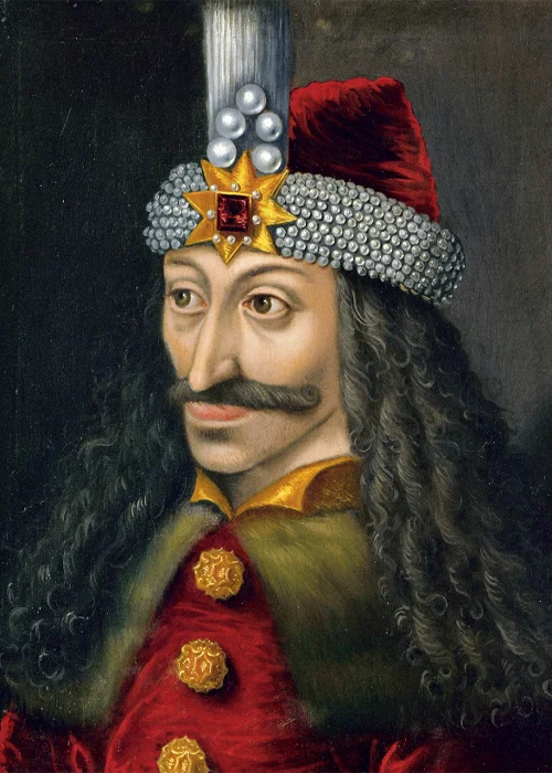 This well-known portrait of Vlad III—wearing a princely cap adorned with pearls and precious stones—is a copy of one painted during his lifetime (1431-1476) now displayed in Ambras Castle in Innsbruck, Austria.