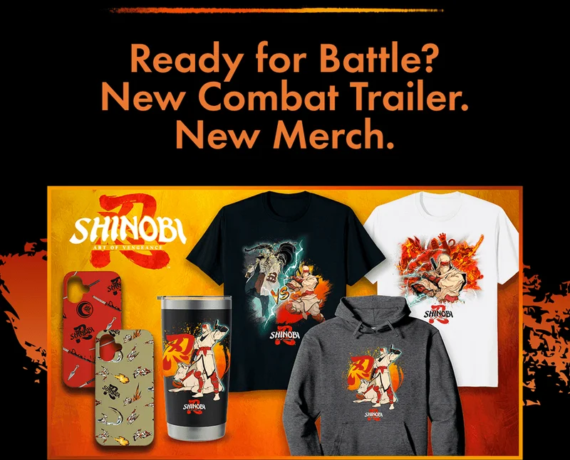 Ready for battle? New combat trailer. New merch. Image includes 2 phone covers, a thermos, 2 t-shits, and a hoodie.