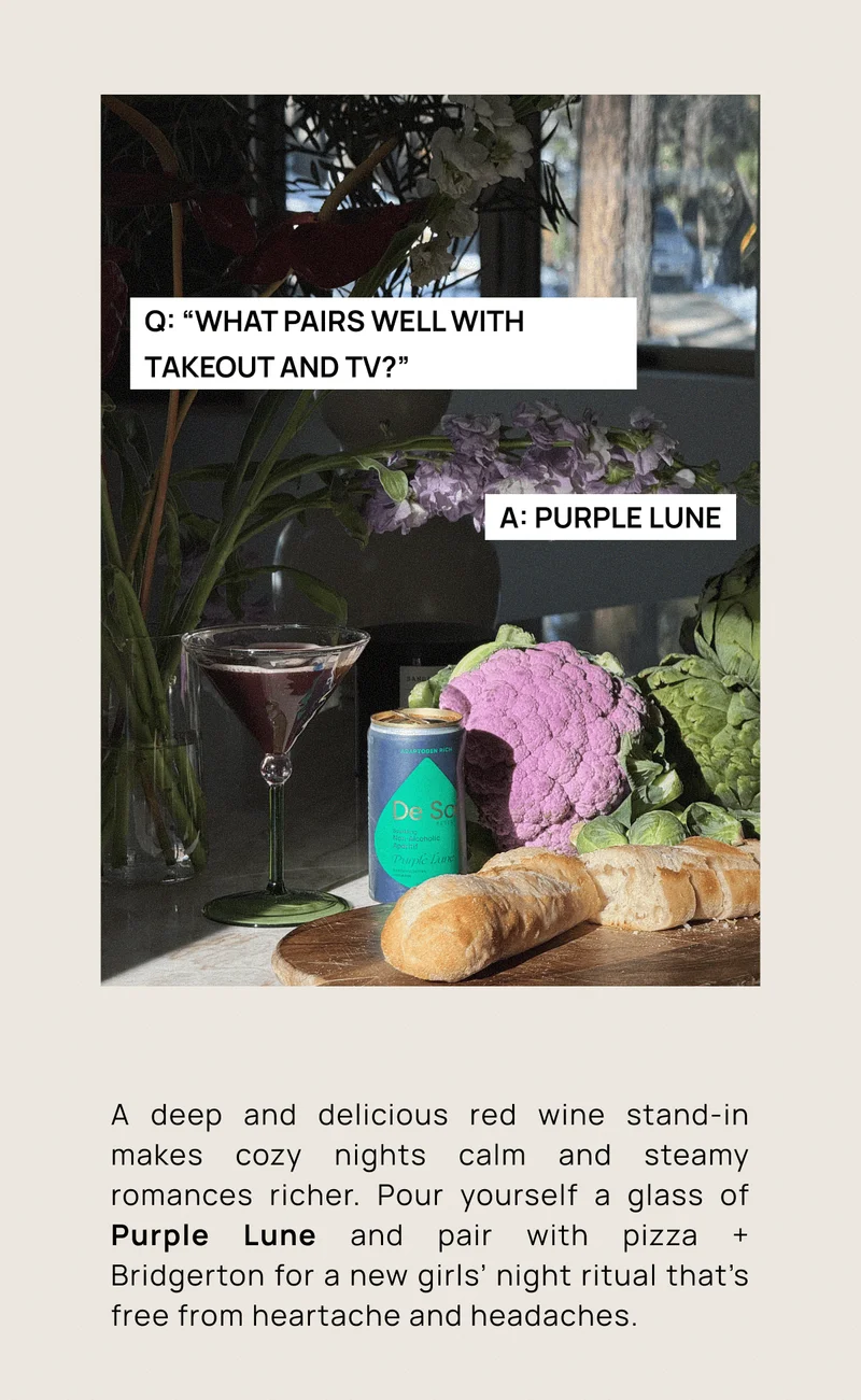 Q: “What pairs well with takeout and TV?” | A: Purple Lune