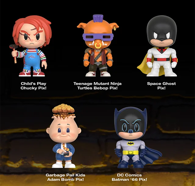 Products Shown - Child's Play Chucky Pix!, Teenage Mutant Ninja Turtles Bebop Pix!, Space Ghost Pix!, Garbage Pail Kids Adam Bomb Pix!, and DC Comics Batman '66 Pix!
