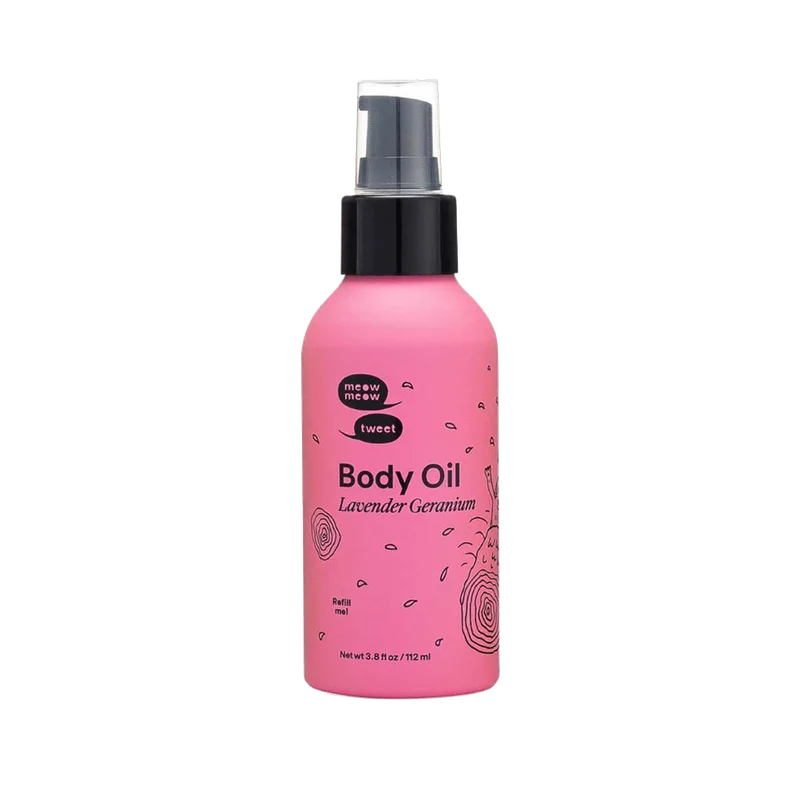 A pink bottle of body oil.