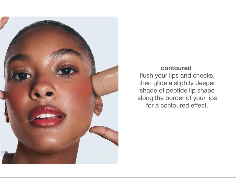 contoured: Flush your lips and cheeks, then glide a slightly deeper shade of Peptide Lip Shape along the border of your lips for a contoured effect.