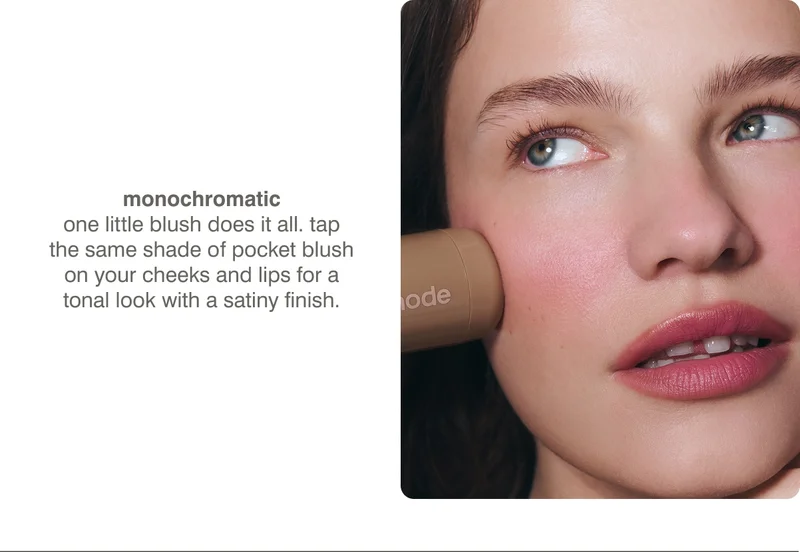 monochromatic: one little blush does it all. tap the same shade of pocket blush on your cheeks and lips for a tonal look with a satiny finish.