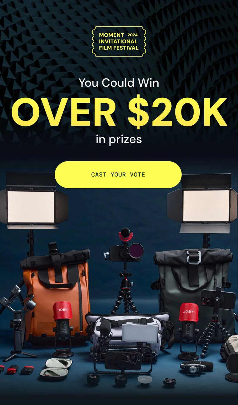 Moment Invitational Film Festival 2024 – You Could Win Over $20k in prizes - Image of a collection of gear that you could win by voting. Cameras, tripods, gimbals, microphones, lenses, lights and more. and a button that reads "cast your vote"