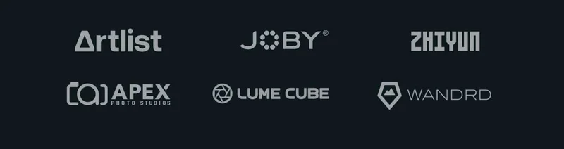 Logos for Artlist, Joby, Zhiyun, Apex, Lumecube, and wandrd.