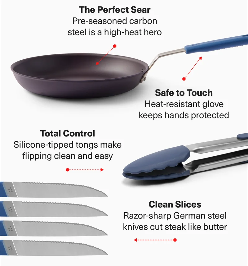 Achieve the perfect sear with our pre-seasoned carbon steel pan and silicone-tipped tongs, then use razor-sharp German steel knives to slice through your steak like butter.