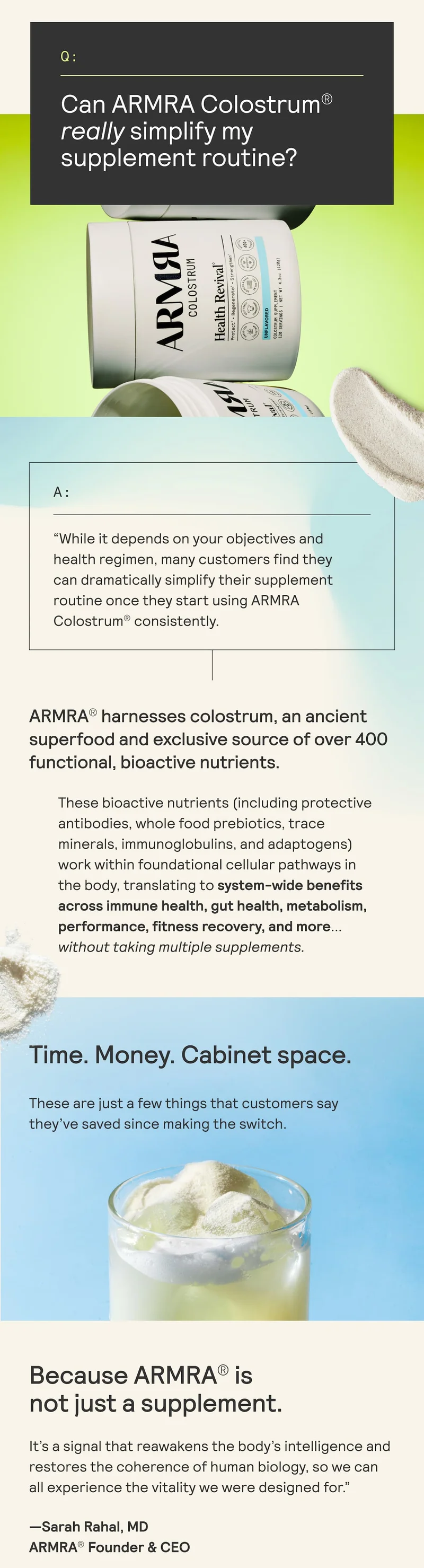 Product feature section with ARMRA Colostrum container, supplement powder, and text explaining health benefits and routine simplicity.