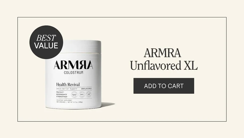 ARMRA Colostrum Unflavored XL container labeled “Best Value,” with add-to-cart button beside it on a beige background.