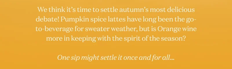 We think it’s time to settle autumn’s most delicious debate! Pumpkin spice lattes have long been the go-to-beverage for sweater weather, but is Orange wine more in keeping with the spirit of the season?  One sip might settle it once and for all…