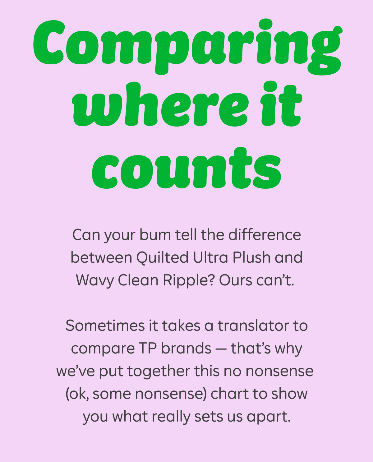 Comparing where it counts. Can your bum tell the difference between Quilted Ultra Plush and Wavy Clean Ripple? Ours can’t. Sometimes it takes a translator to compare TP brands – that’s why we’ve put together this no nonsense (ok, some nonsense) chart to show you what really sets us apart.