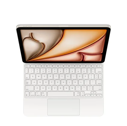 iPad Air 11-inch M3 chip, starlight color, top exterior, thin black bezel, attached to Magic Keyboard, white color