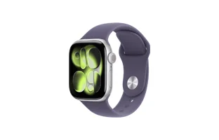 Apple Watch Series 11, front exterior, anchor blue color Sport band, space gray color aluminum case, Digital Crown, microphone, side button