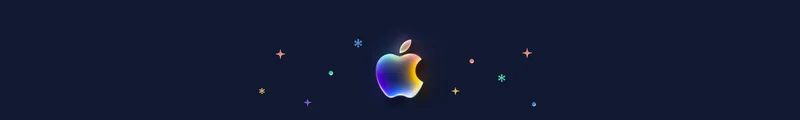 Apple logo containing a gradient glow of colors: purple, blue, green, orange, yellow, surrounded by colorful stars, dots