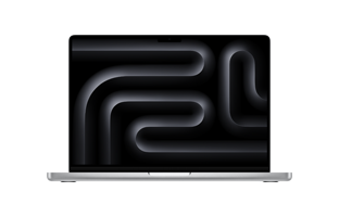 MacBook Pro M4 Pro chip, front exterior, open, space black color, Liquid Retina XDR display, rounded corners, raised feet