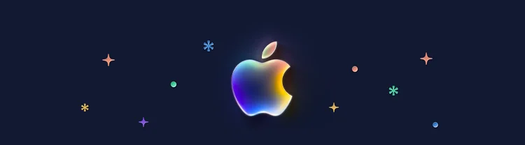 Apple logo containing a gradient glow of colors: purple, blue, green, orange, yellow, surrounded by colorful stars, dots