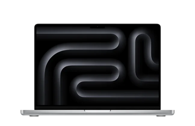 MacBook Pro M4 Pro chip, front exterior, open, space black color, Liquid Retina XDR display, rounded corners, raised feet
