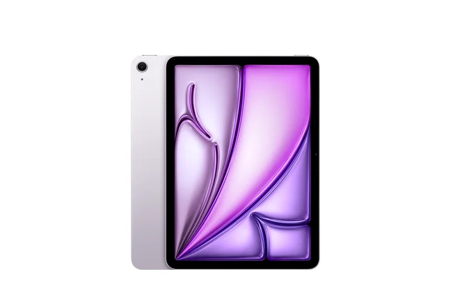 iPad Air, back exterior, purple color, single-lens camera, front exterior, thin black bezel, all-screen display